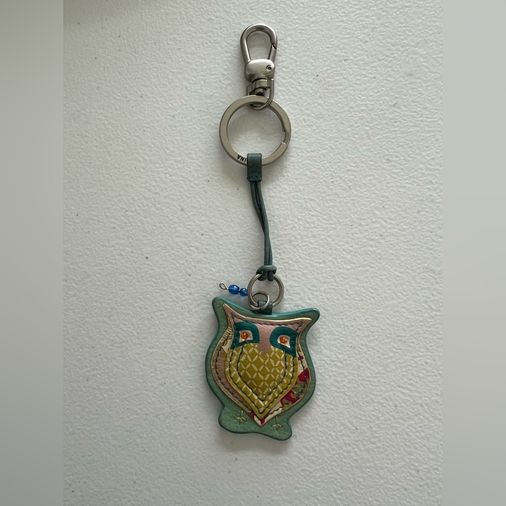 Fossil Owl leather Keychain with Green and Yellow Accents